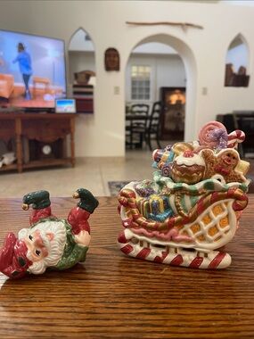 Fitz and Floyd Pink and Red Santa with Festive Sleigh Candy Dish